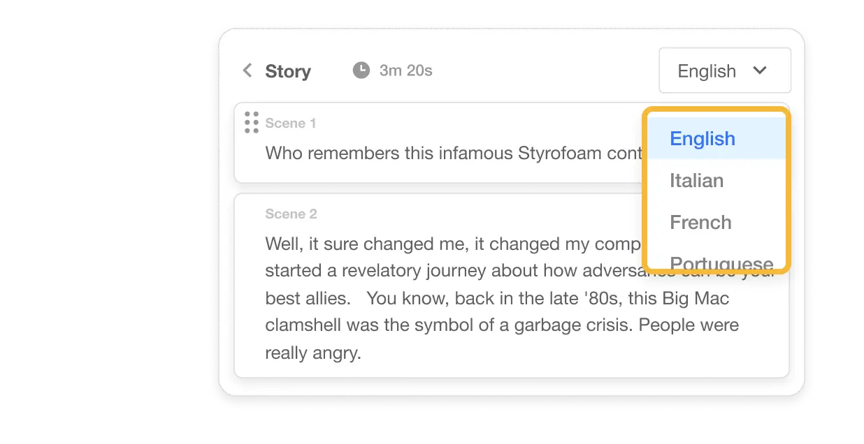 AI Voice Over with multilingual support, allowing translation of subtitles and voiceovers in various languages like English, Italian, French, and Portuguese.
